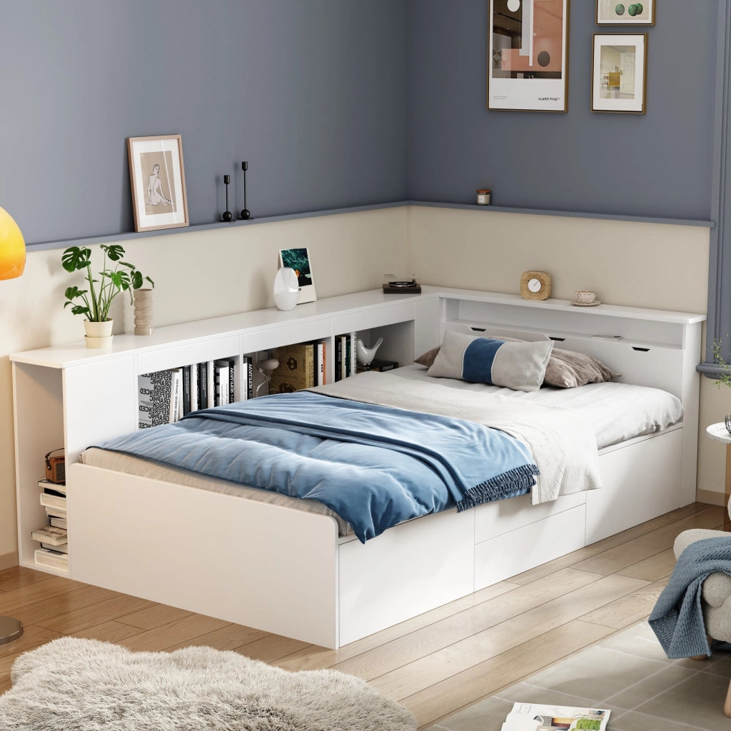 OKWISH Letto Bambino 90×200 cm, Letto Singolo con 4 Cassetti, Libreria e Armadietti Contenitore, senza Materasso, in MDF, Bianco