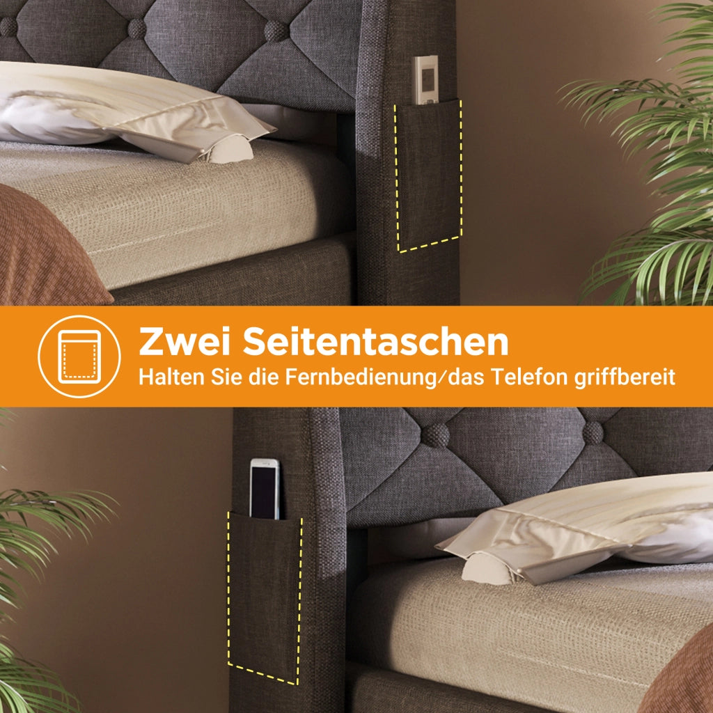 LETTO Contenitore 140x200 cm in Lino Grigio con LED e USB/Type-C