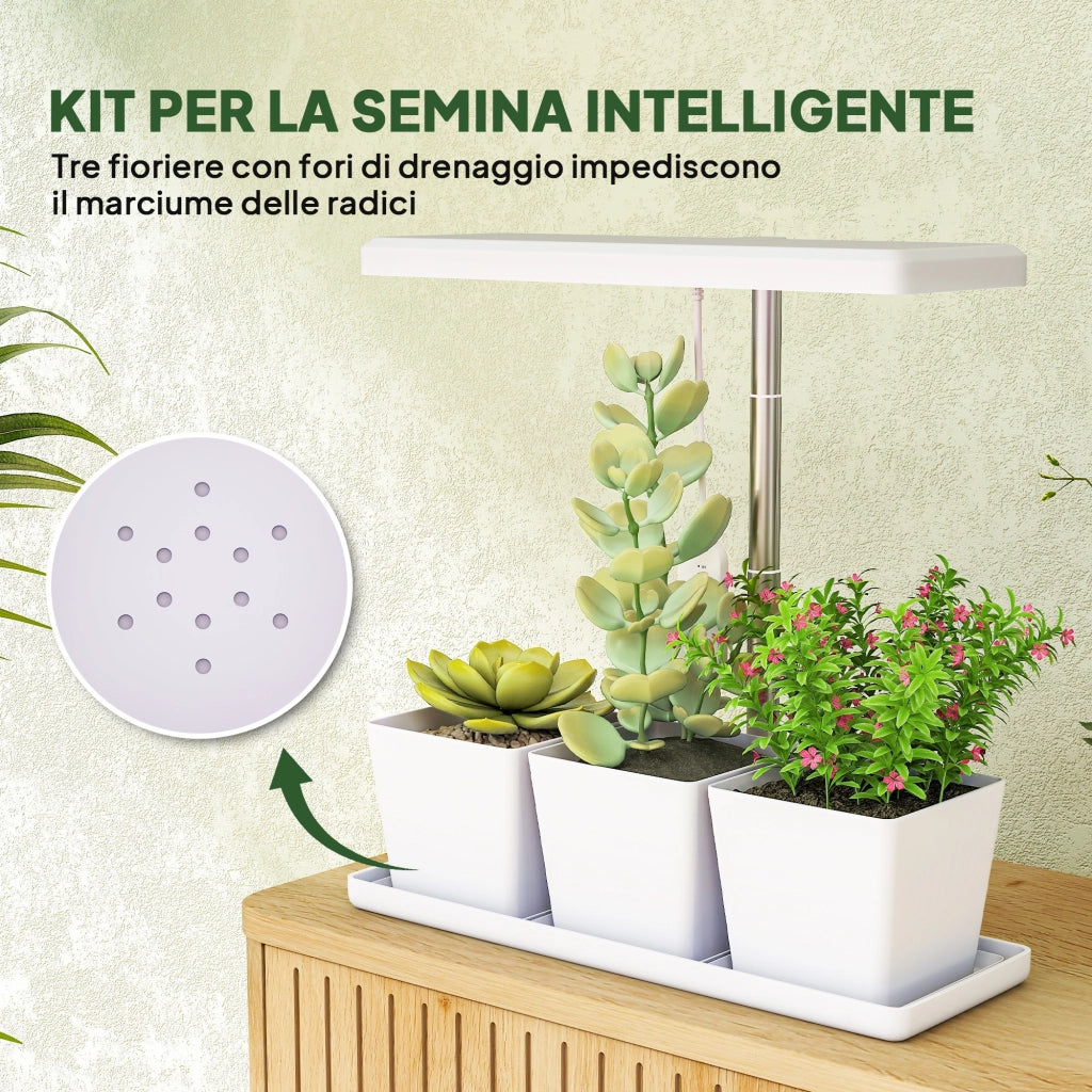 Lampada per Piante LED 30 Luci ¨C Xylo ¨C con 3 Vasi, Timer, Regolabile, 31.8x13.4x18.6-35.6 cm, Bianco
