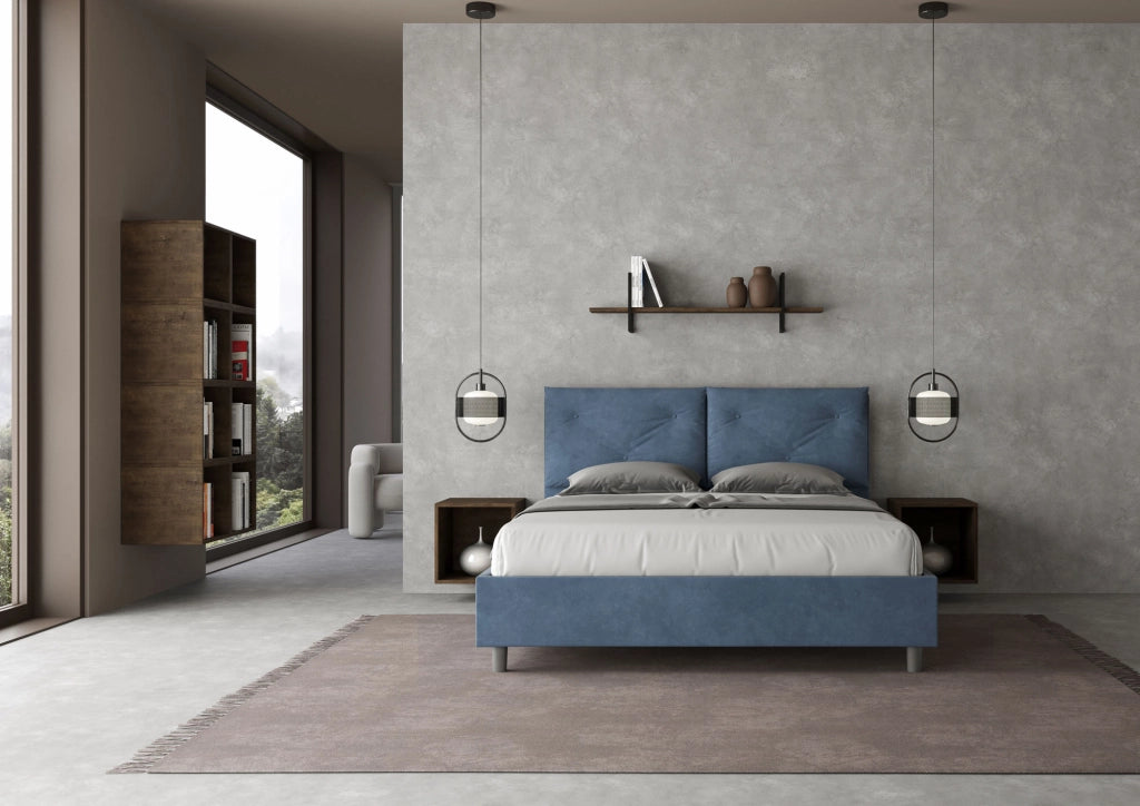 BS COM Letto queen size contenitore imbottito 150x210 microfibra blu Large