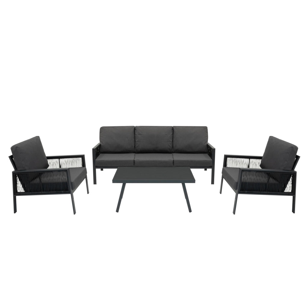 Set Mobili da Giardino 4pz Alluminio Grigio Antracite con Cassapanca Rattan Nera 582L