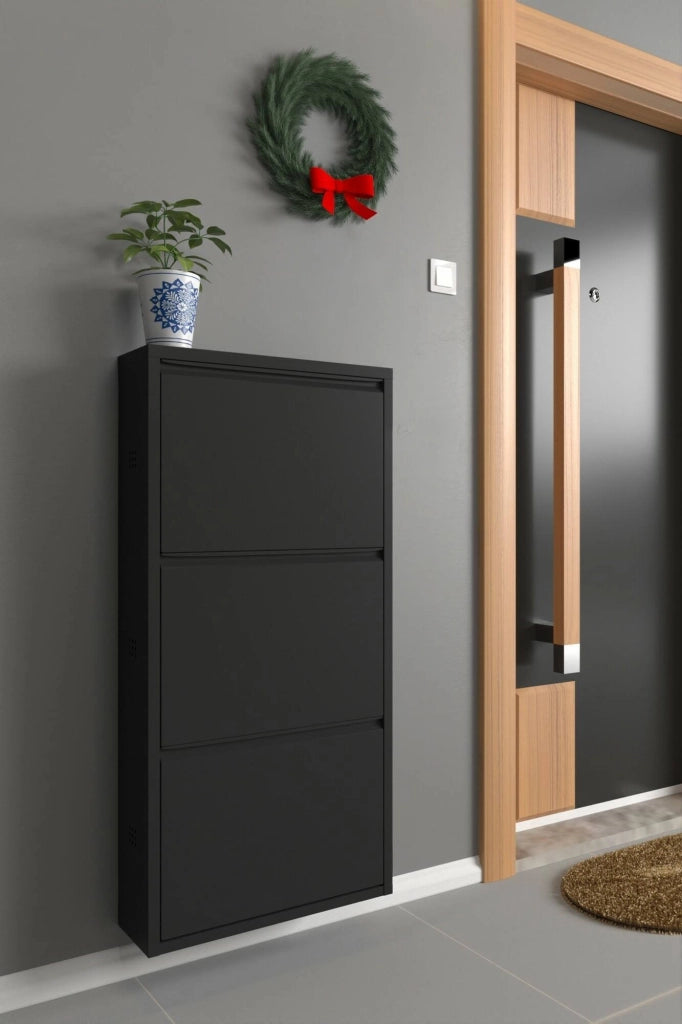 Scarpiera Alexa, Mobile portascarpe in metallo, Armadio da ingresso multiuso, Mobiletto per calzature, 50x15h104 cm, Nero