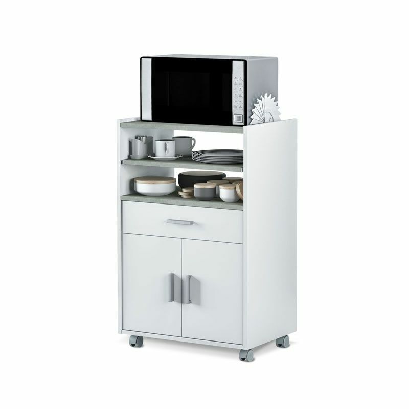 Armadietto ausiliario per microonde, tavolo da cucina con cassetto e due ante, colore bianco e cemento, misure: 92 cm (altezza) x 59 cm (larghezza) x 40 cm (profondit?)