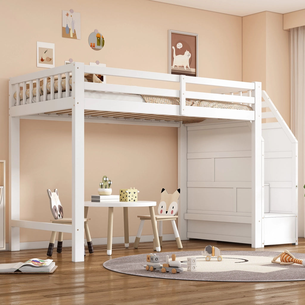 Hochbett per bambini 90x200 cm, in legno di pino, con sponde di protezione, scala con contenitore, rete a doghe, bianco