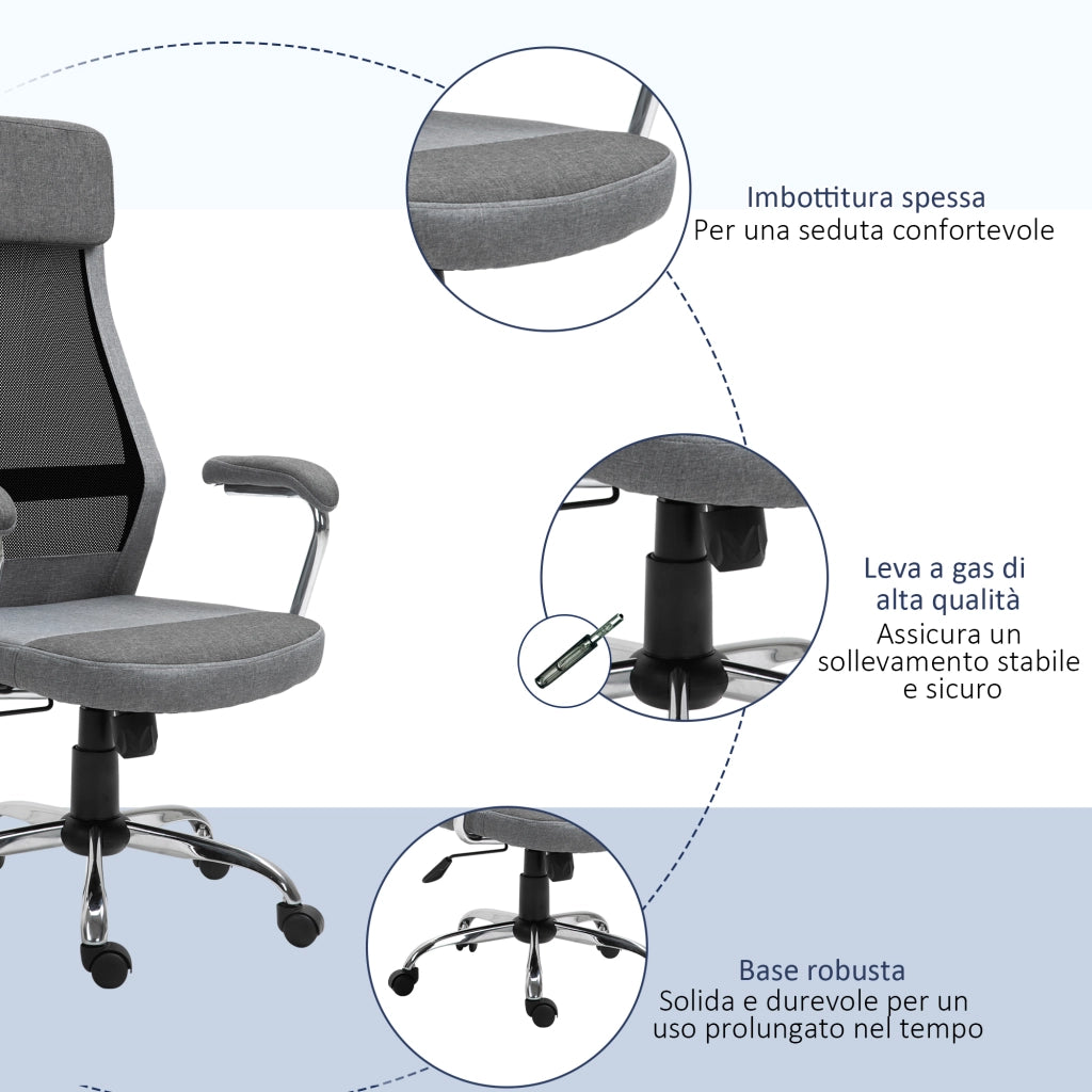 Sedia da Ufficio Ergonomica Girevole, Altezza Regolabile e Dondolamento, Poltrona in Tessuto a Rete 65x67x119-129cm Grigio