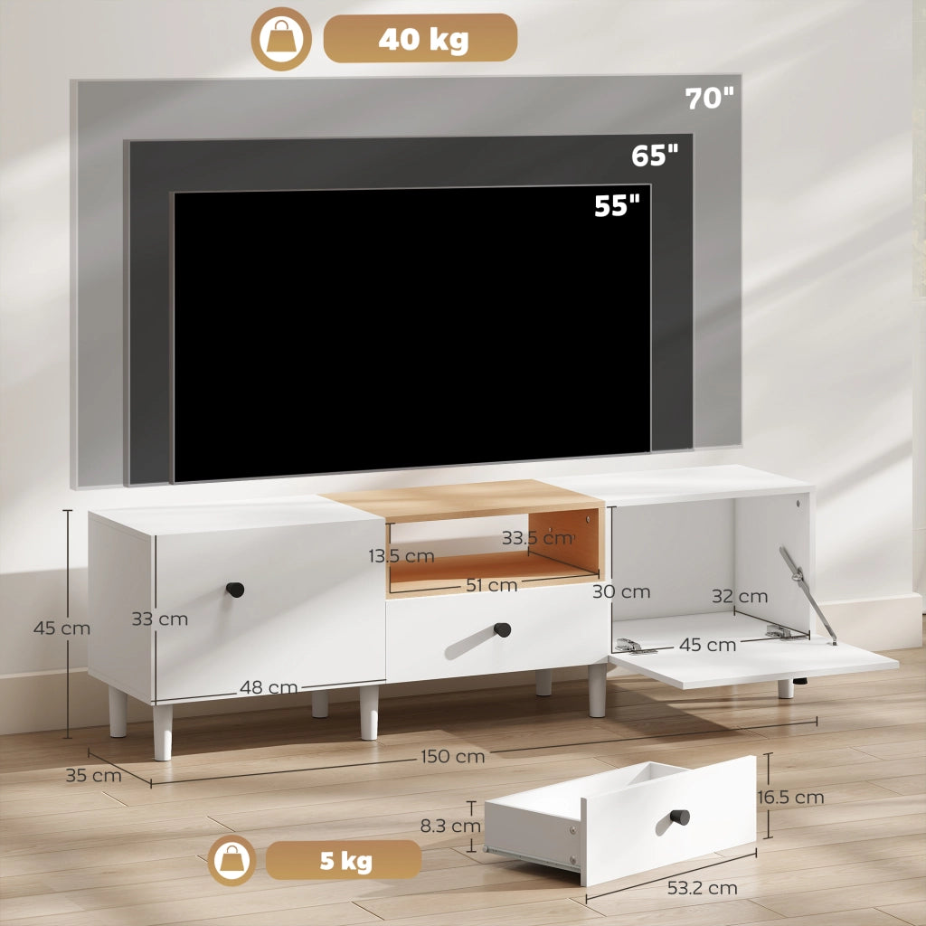 Mobile TV con Ante a Ribalta, Cassetto e Scaffale Aperto ¨C Minimal ¨C Bianco e Legno 150x35x45 cm