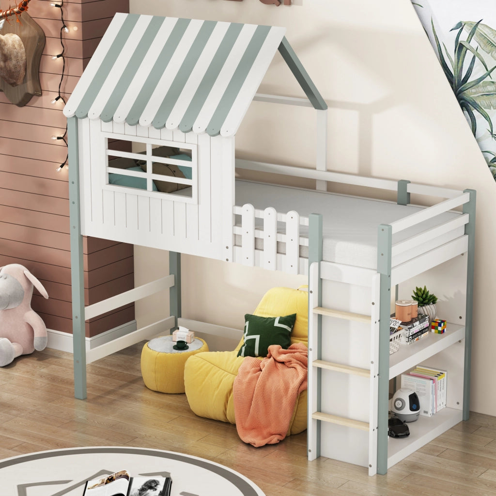 Letto per bambini a casetta 90x200 cm con scala di sicurezza e rete a doghe; legno massello verde