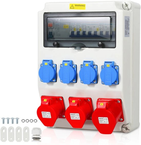 Distributore di Corrente a Parete CEE con Scudo IP44 Adattatore per Parete per Scatola di Corrente da Murale per Sito di Costruzione Interruttore di Corrente 1x32A 2x16A 4x230V con LS+FI