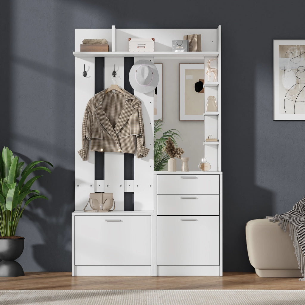 Mobile ingresso con 2 cassetti; specchio e 2 scarpiere ribaltabili - 110×34×185 cm