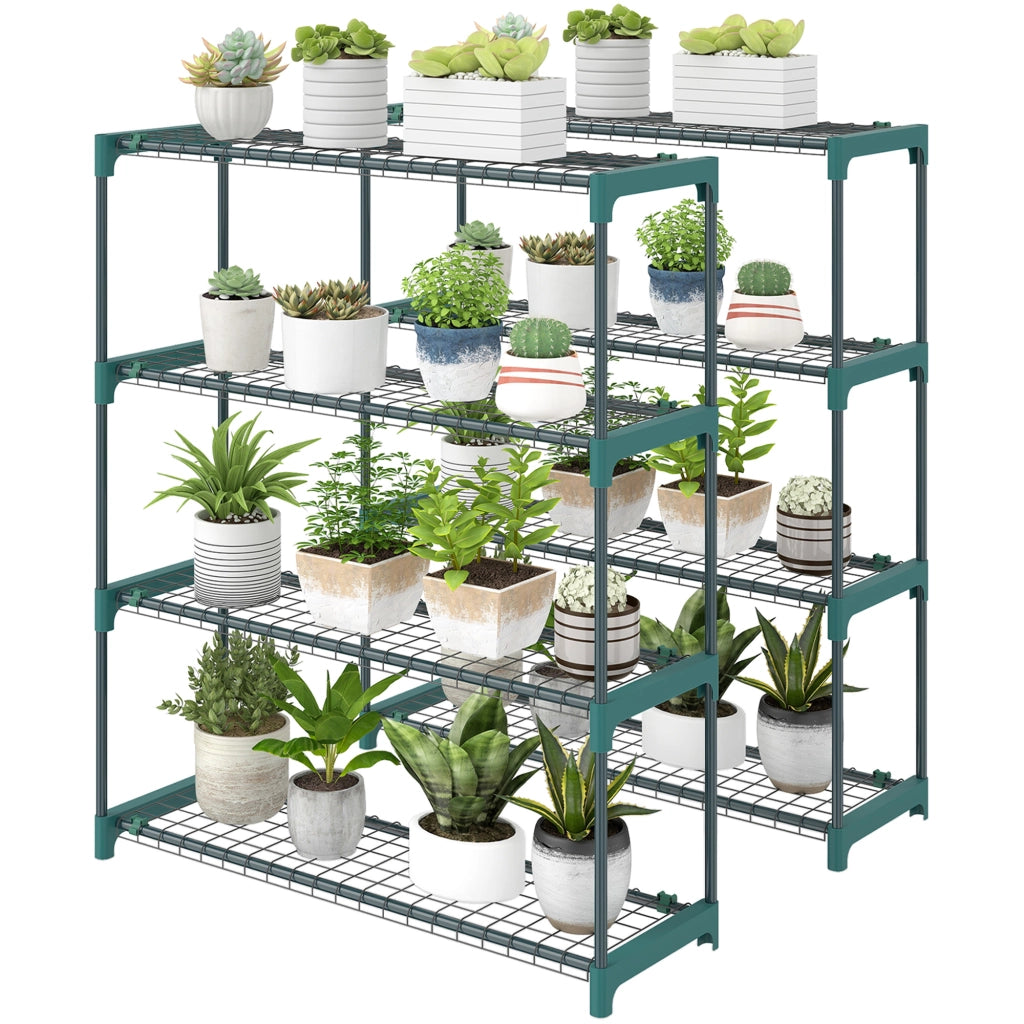 Set di 2 Scaffali per Piante a 4 Livelli in Acciaio con Ganci, 90x28x104 cm, Verde