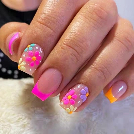 Nageli per unghie a pressione 24 pezzi - a forma di fiore - rilievo 5D - manicure francese - inclusi strumenti per unghie - materiale ABS di alta qualità - unghie in plastica