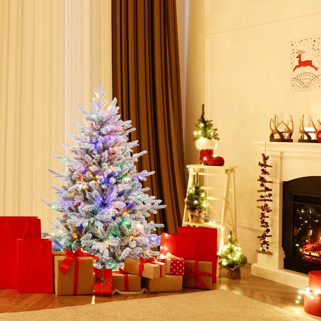 Albero di Natale artificiale rivestito di neve di 135cm, Albero decorativo con cerniera e 8 modalit¨¤ luminose