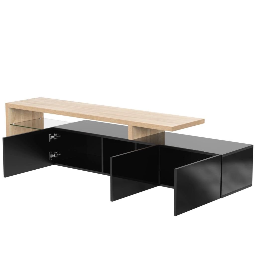 Mobile TV con 3 ante, ripiani in vetro e LED per soggiorno, in MDF e vetro, nero e legno, 197.5 × 39 × 42 cm