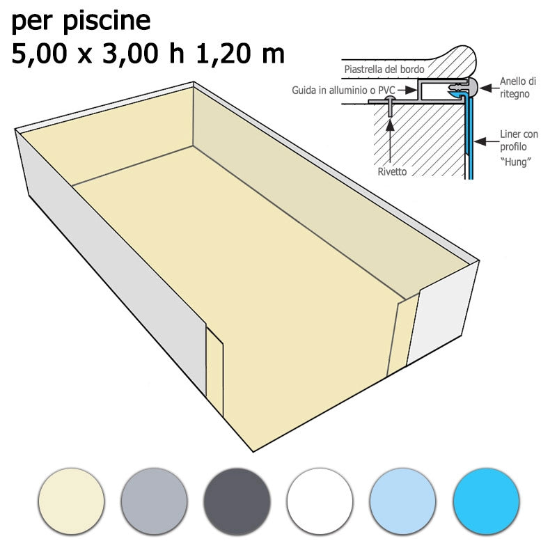 Rivestimento Interno Liner Presaldato A Sacco In Pvc 0,75 Mm Per Piscina 5,00 X 3,00 H1,50 M Altezza: 1.20 m