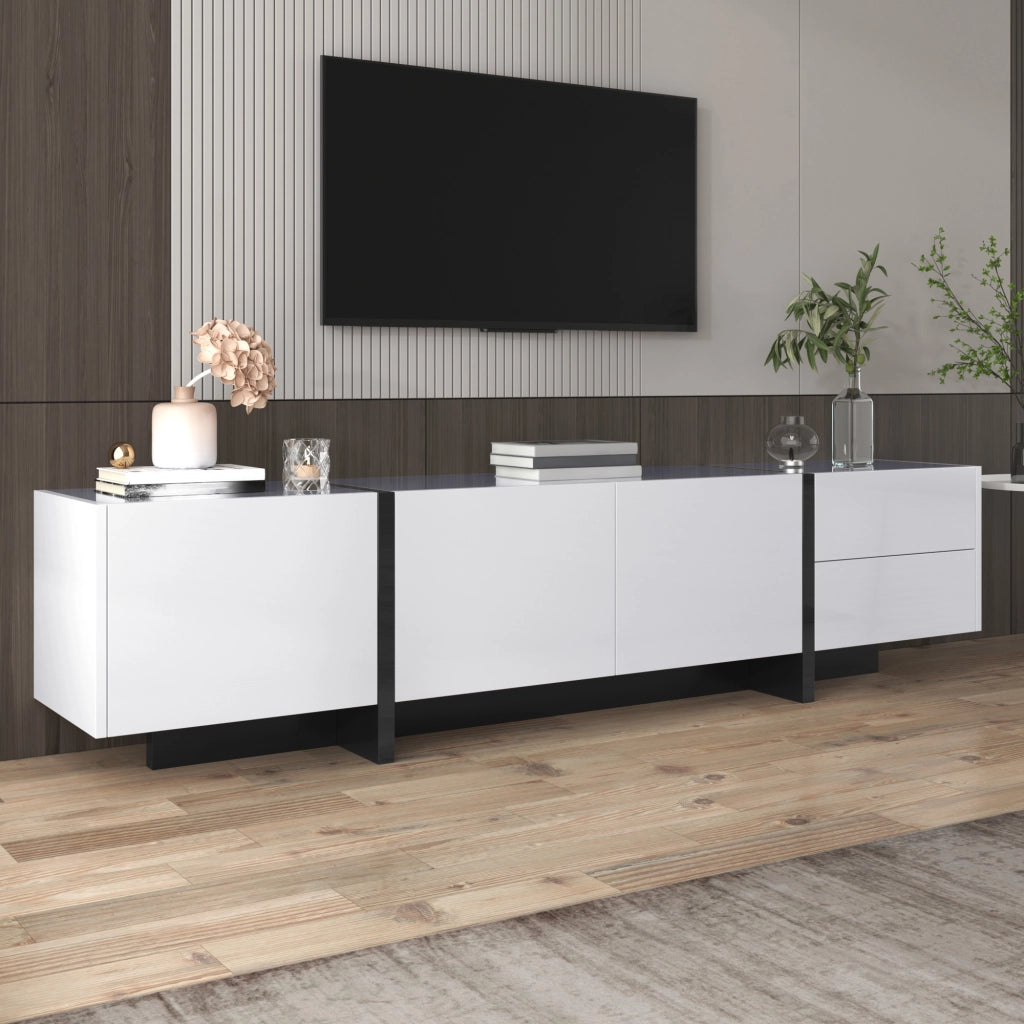 Cassettiera TV bianca lucida e nera; in truciolato; lunghezza 190 cm