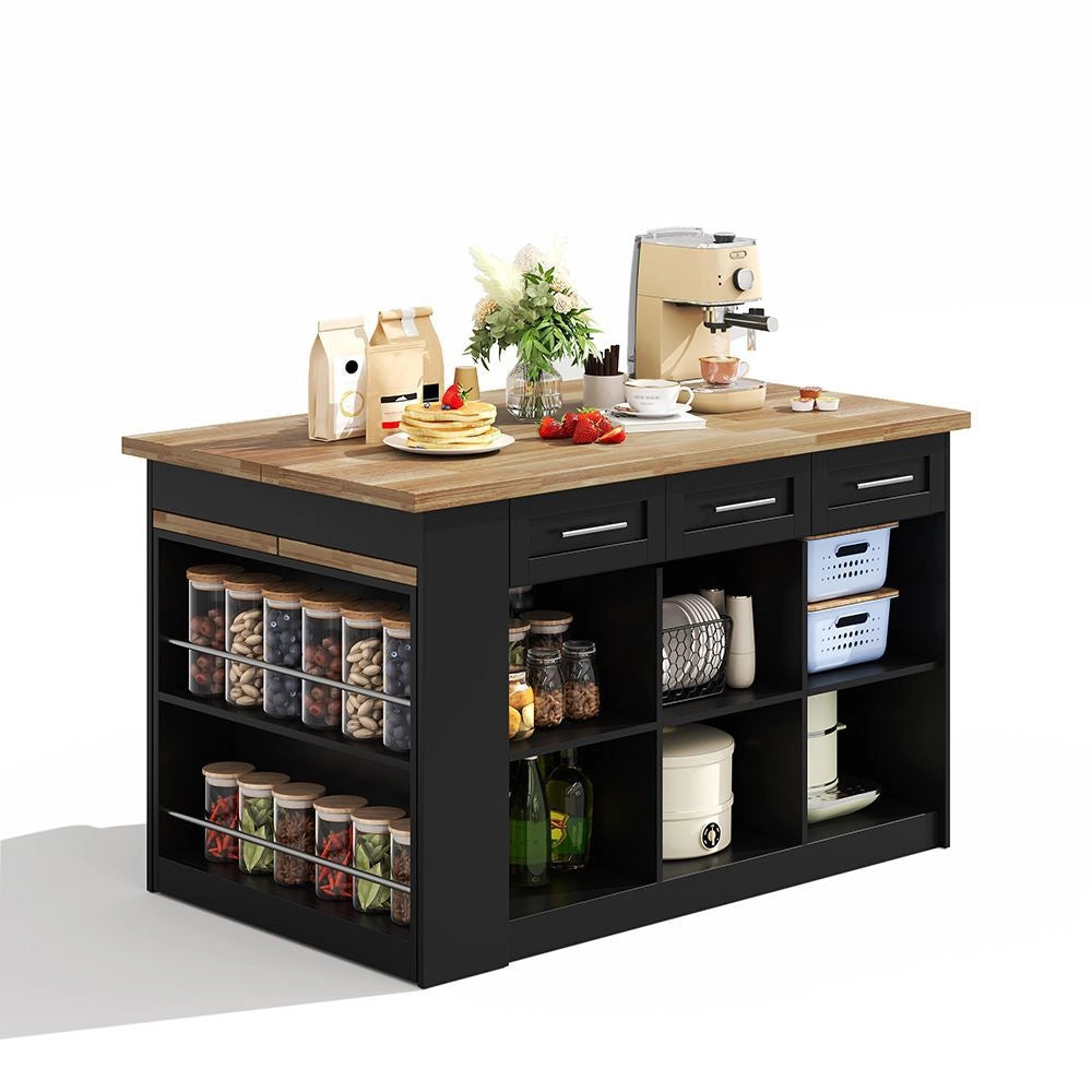 ?lot de cucina multifunzionale - Xylo - 150x96 cm - Nero - Tavola allungabile, piano laminato legno, armadi integrati