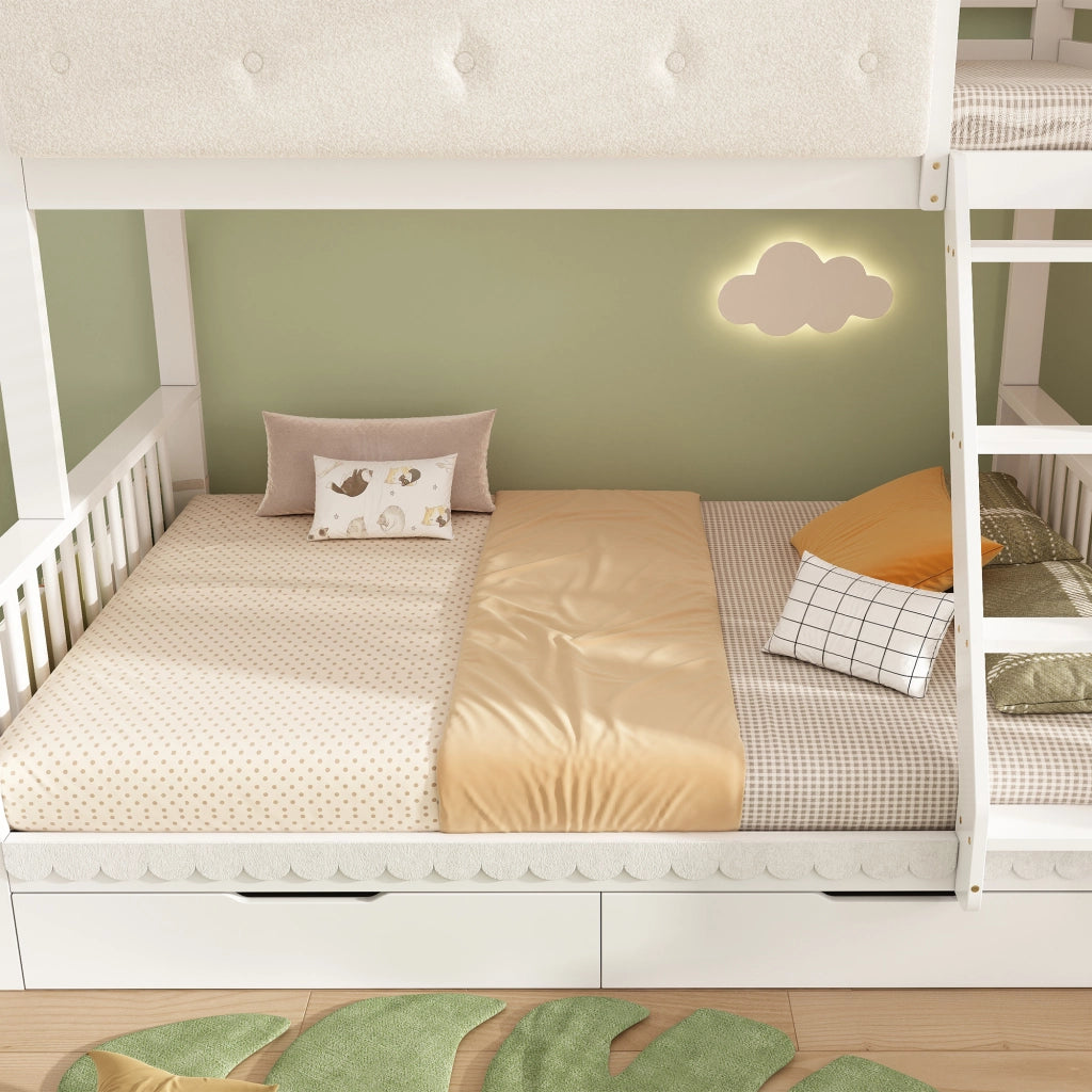 Letto a castello 90×200 cm e 140×200 cm con 2 cassetti e portariviste; senza materasso; legno; bianco