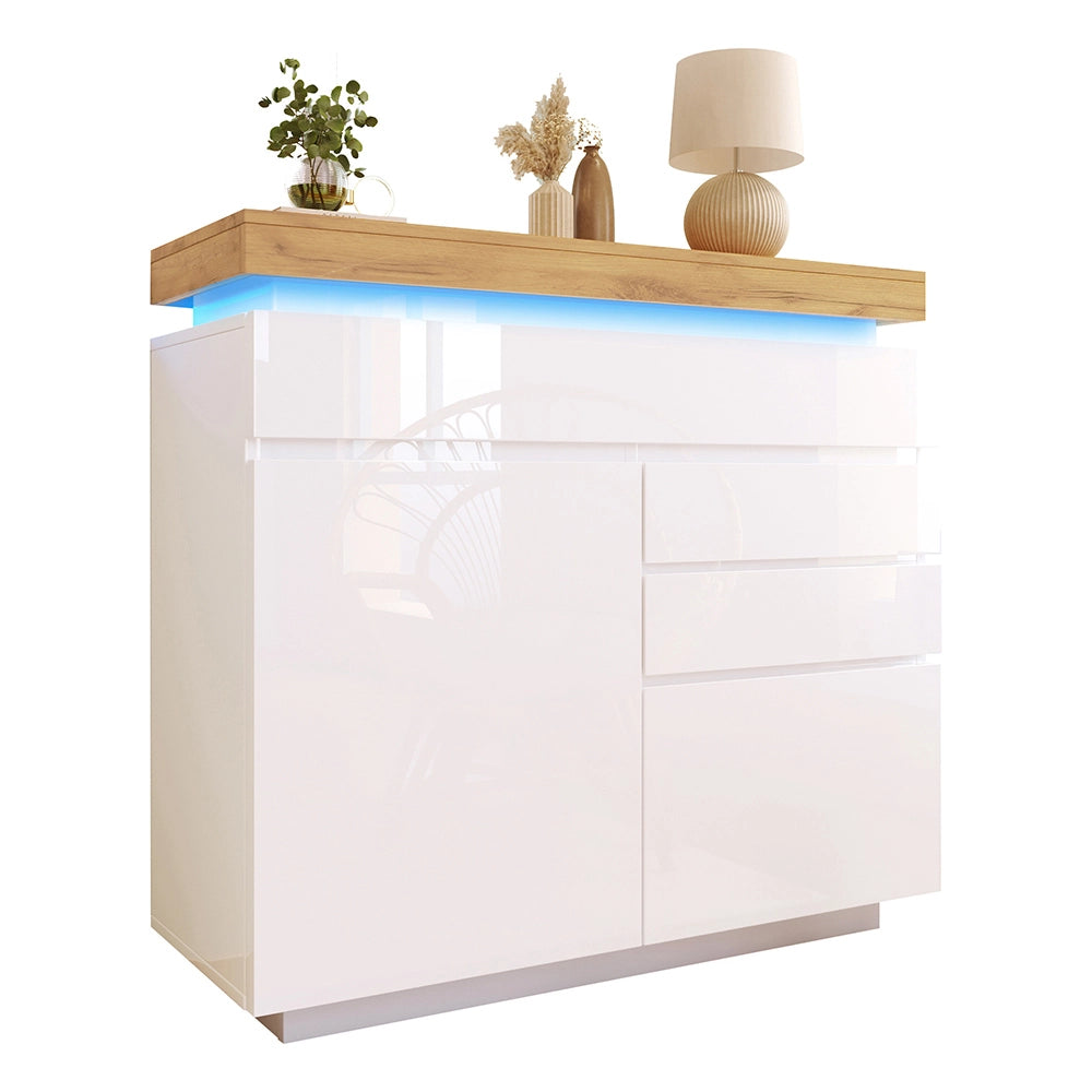 Buffet a specchio con 2 ante e 3 cassetti - Xylo - 115x110x39 cm - Bianco - Illuminazione LED (controllo app)