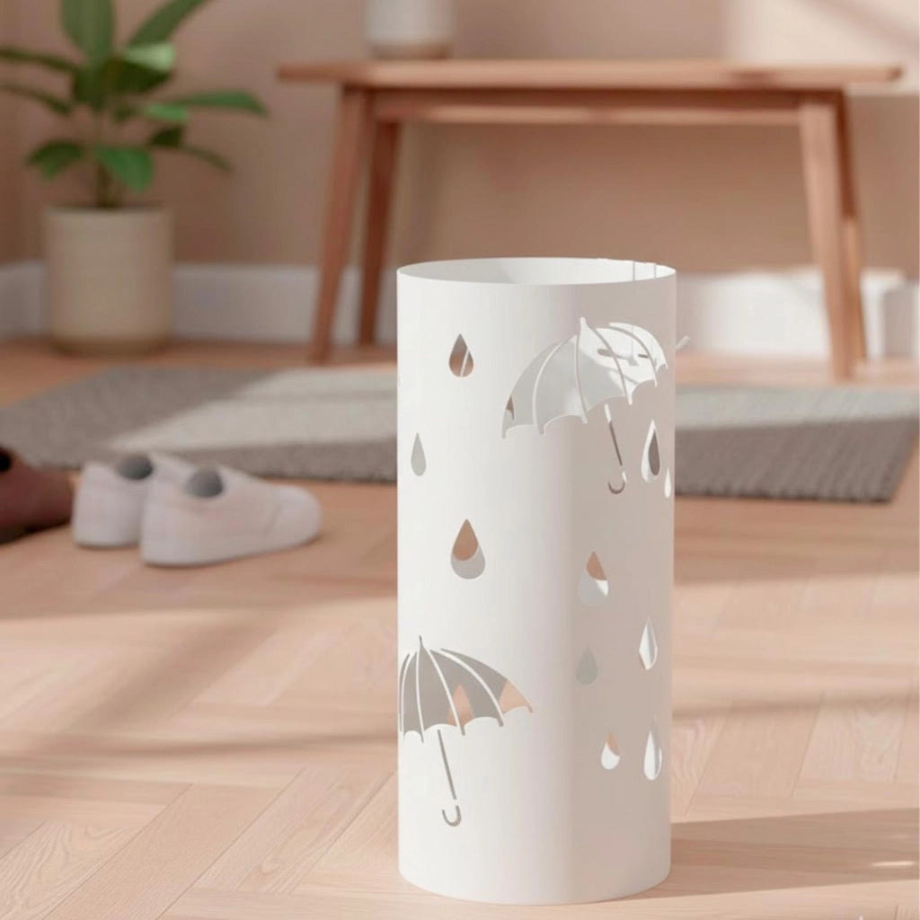 Portaombrelli Rotondo In Acciaio Zincato Dotato Di Vaschetta Scolapioggia E 4 Ganci Removibili Base Antiscivolo Design Moderno Per Ingresso Casa E Ufficio 41 X 17 Cm Bianco