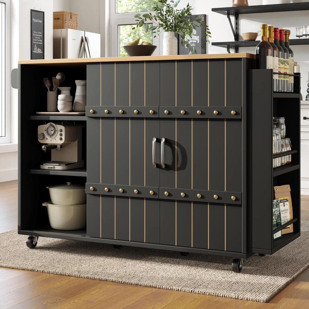 OKWISH Carrello da Cucina con 2 Ante Scorrevoli e 3 Cassetti, Piano Ribaltabile, Portasciugamani e Ruote, 110 × 42 × 90 cm