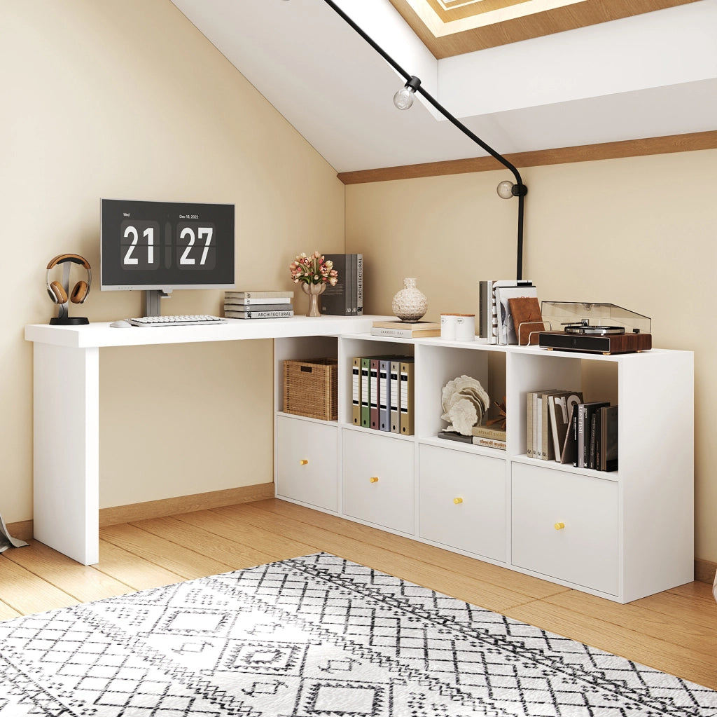 Scrivania angolare girevole 360° con 8 vani e 4 cassetti; 120x48x78 cm + 140x35x74 cm; MDF bianco