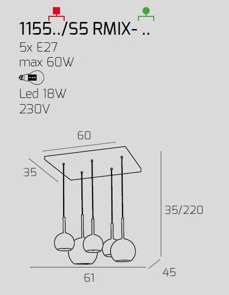SOSP. BIANCO RETTANGOLARE 5 LUCI VETRI (1 GRANDE CR+1 MEDIO CR+3 PICCOLO (1X CR+2X TR)) 1155BI-S5 RMIX-TC