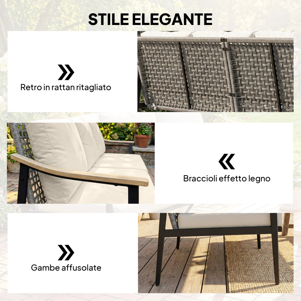 Divano da Esterno 3 Posti in Rattan con Braccioli Legno ¨C Minimal ¨C Grigio