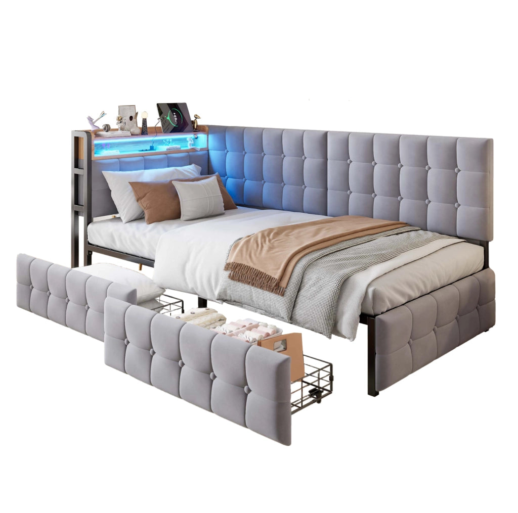 Divano letto imbottito 90x200 cm grigio con LED; 2 cassetti; USB e Type-C
