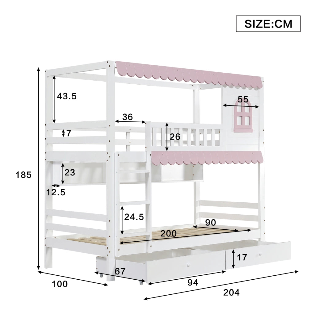 DESMIU Letto a castello bambino 90 × 200 cm 2 posti con finestre, tende, 2 cassetti, ripiani, senza materasso, bianco e rosa