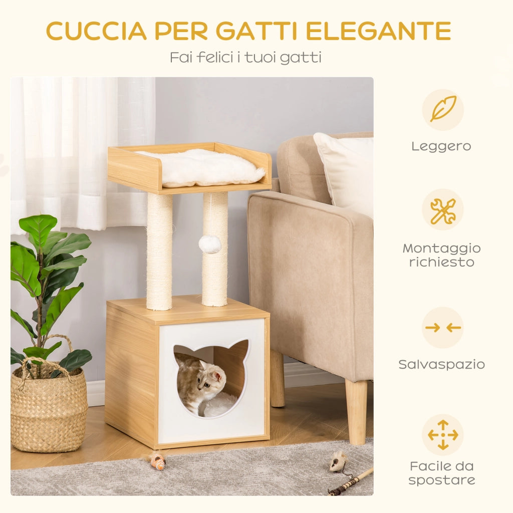 Casetta per Gatti con Pali Tiragraffi in Sisal, Cuscini Lavabili e Pallina ¨C zephmum ¨C Quercia 35x35x81cm