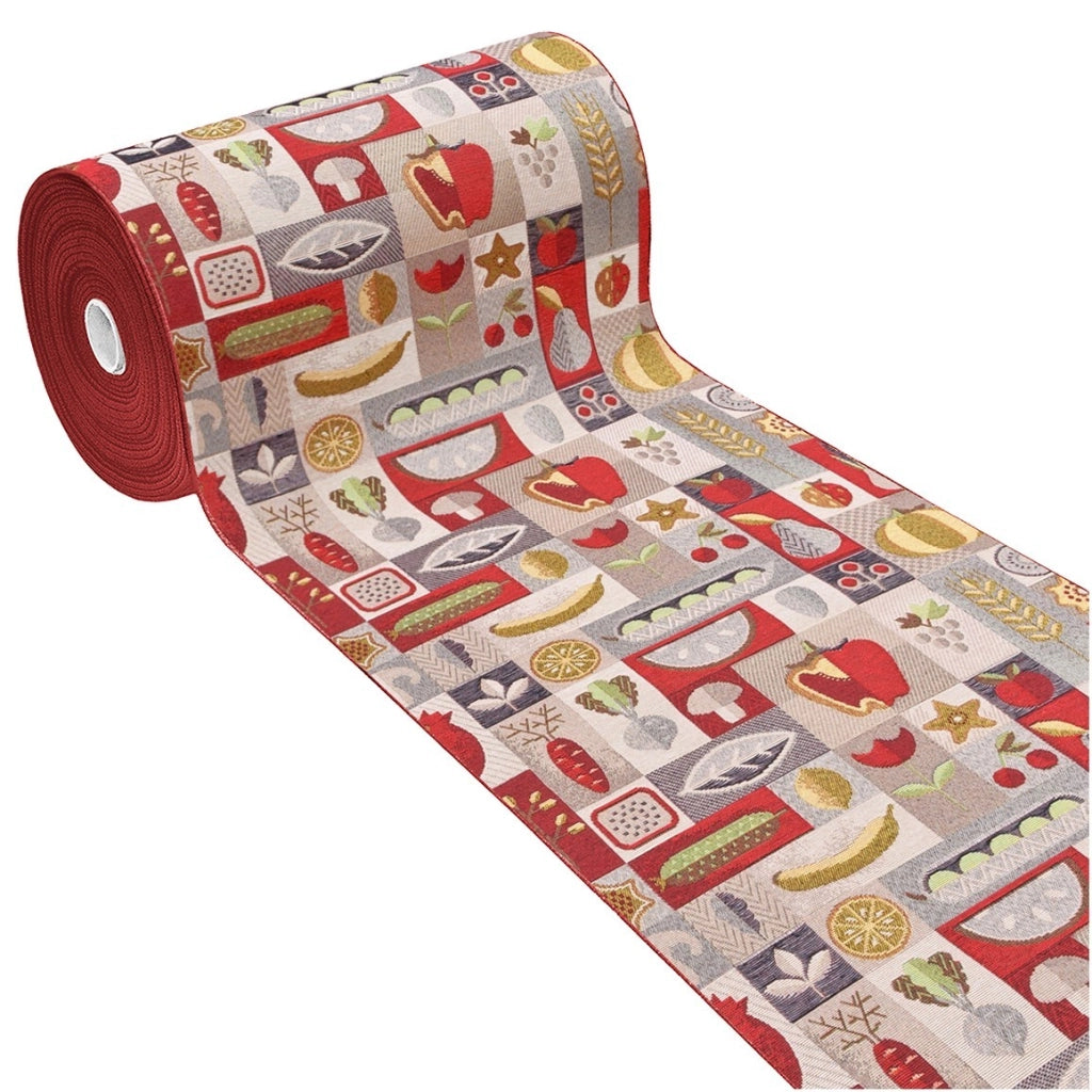 Tappeto Cucina Assorbente Bordato Antiscivolo Frutta e Verdura Passatoia Lavabile 52x80 Cm Bordeaux