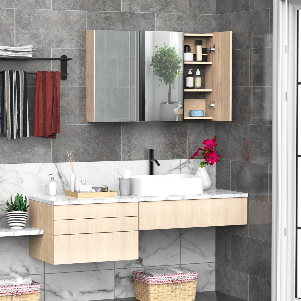 Specchio Bagno Contenitore con 3 Ante a Specchio Soft Close, Specchiera Bagno con Ripiani Regolabili in Legno e Vetro, 90x13.5x60 cm, Color Legno