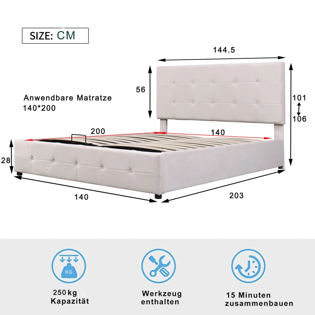 Letto imbottito matrimoniale 140×200 cm con contenitore e rete sollevabile; testiera imbottita; senza materasso; bianco crema