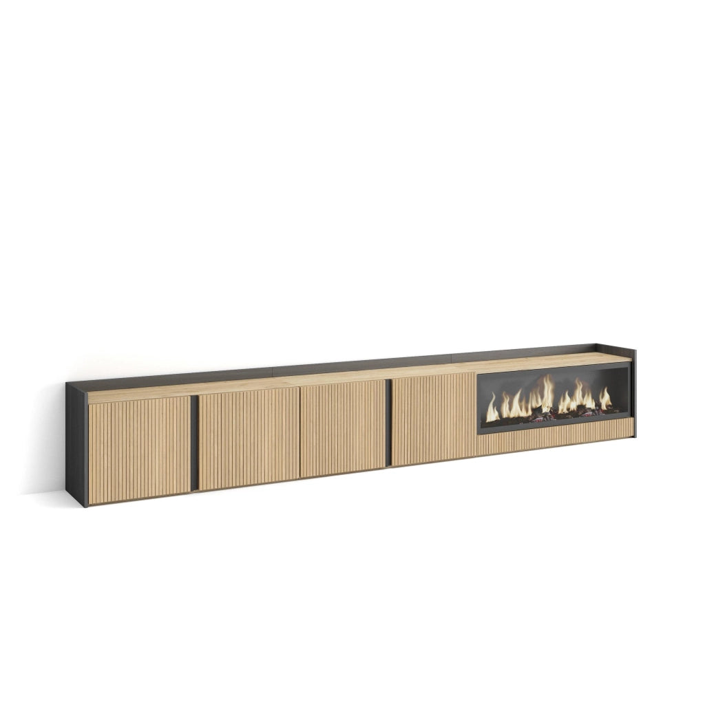 Mobile TV Soggiorno, 315x50x35 cm, Per TV fino a 80", Camino elettrico XXL, Rovere e nero