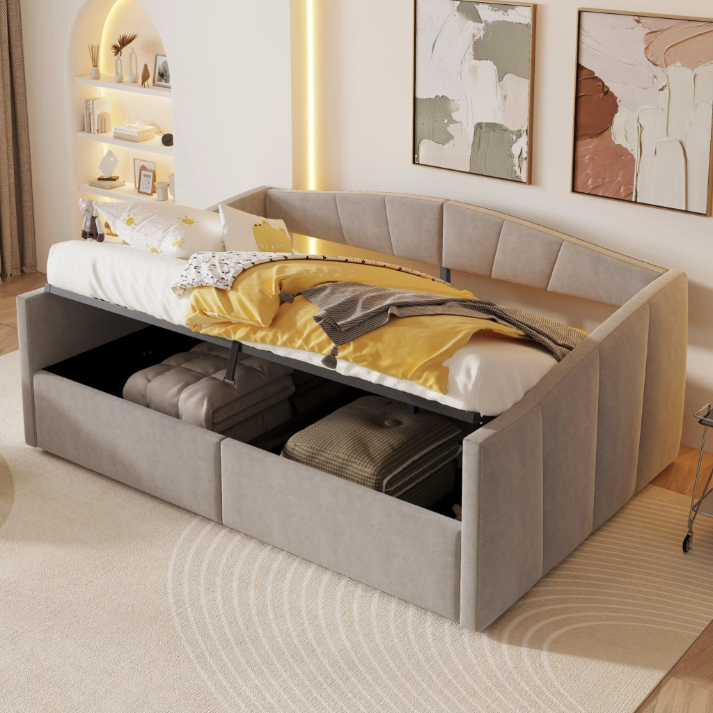 Letto Contenitore 140 × 200 cm 2 posti con vano idraulico e braccioli, senza materasso, in velluto, grigio chiaro