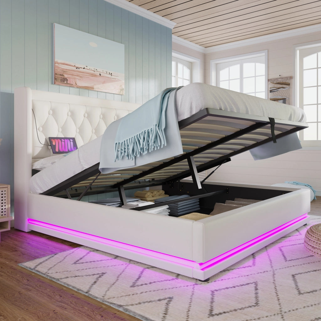 Letto contenitore matrimoniale 140×200 cm con LED; USB Type-C; testiera imbottita; materasso incluso; PU; bianco