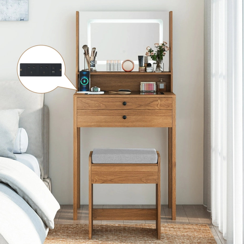 Piccolo tavolo da trucco con 3 modalit¨¤ di illuminazione e sgabello imbottito, Toeletta con specchio e luci Legno naturale-Tavoli da trucco