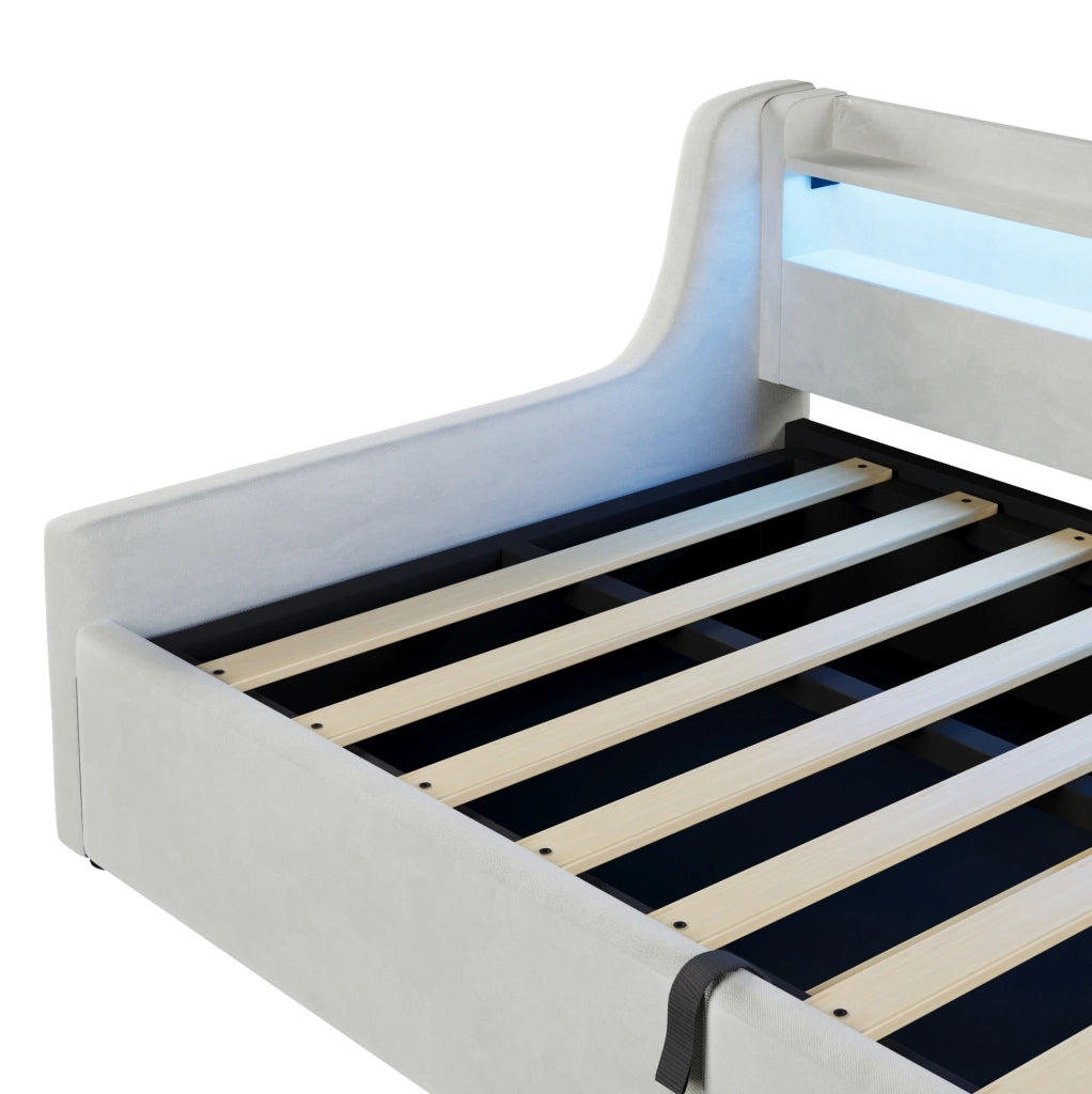 Letto singolo imbottito 90x200 con vano contenitore e testiera LED