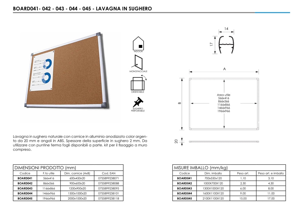 Lavagna in sughero a parete da ufficio 60 x 45