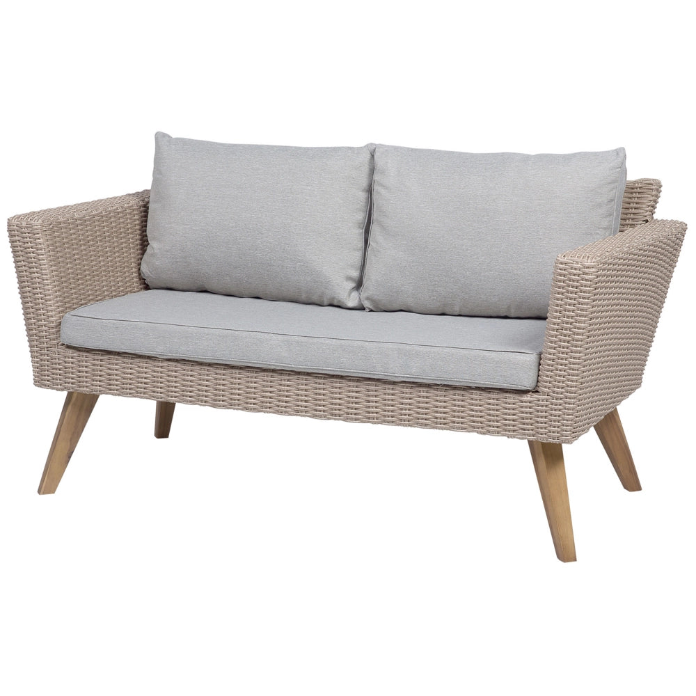 Set Esterno Rattan di colore Marrone Divanetto 2 Poltrone Tavolino Cuscini Grigi terrazzo giardino