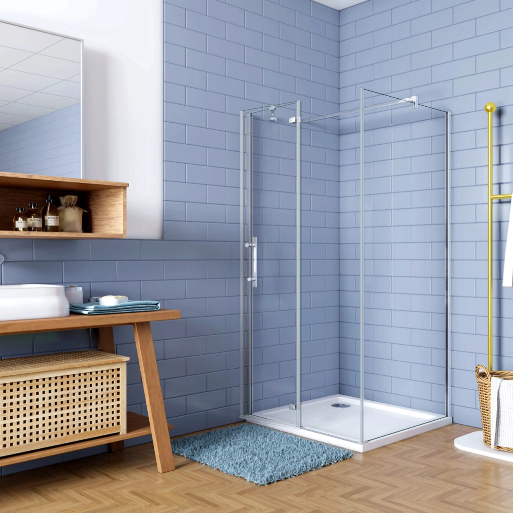 195cm Box Doccia Angolare Porta Battente con Parete Fissa 100x80cm Vetro 6 mm Temperato Anticalcare Trasparente con 2 Barre Stabilizzatrici da 30cm e 140cm