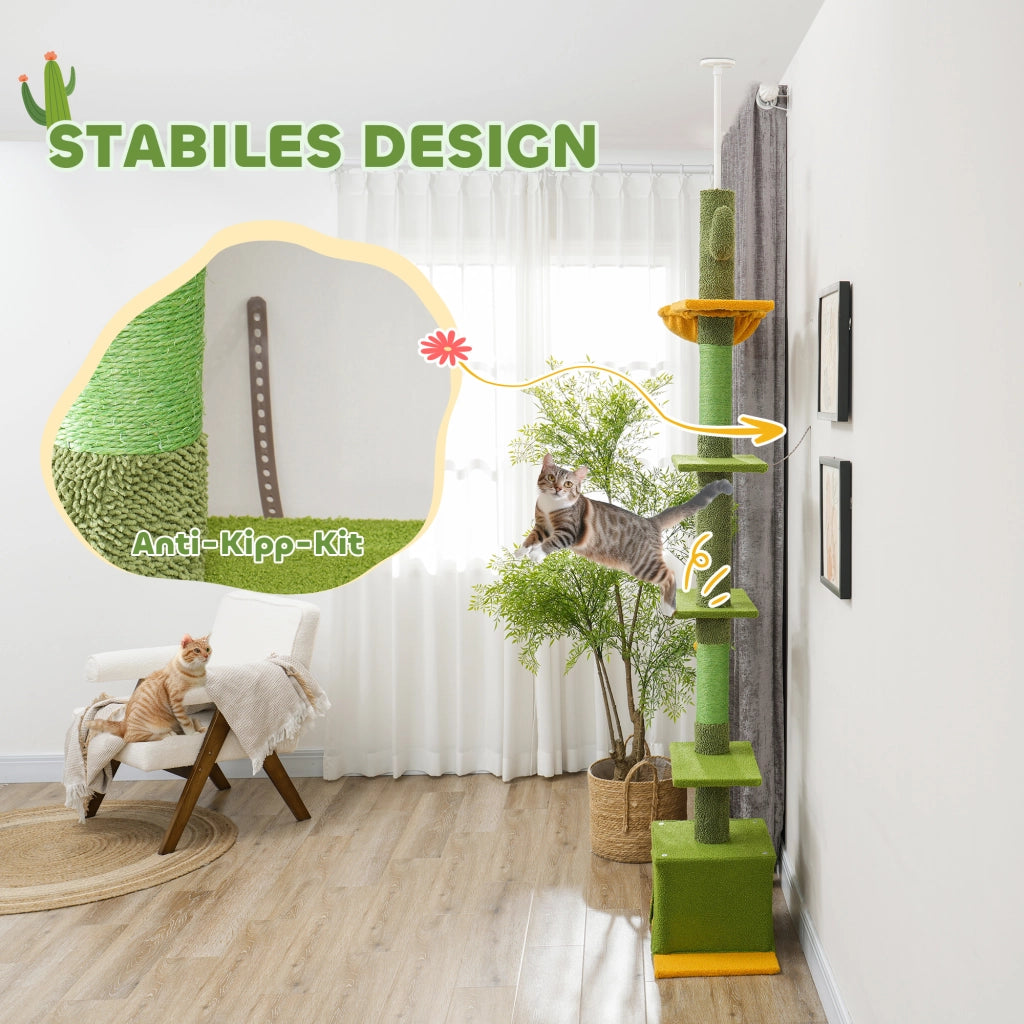 Tiragraffi a soffitto, 230-275 cm, con cuccia, pali per graffiare, pallina da gioco, mobile per gatti con dispositivo antiribaltamento, verde