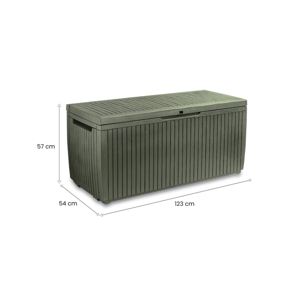 Cassapanca outdoor Burlington, Baule da giardino, Contenitore da esterno, Panchina contenitore da esterno, 123x54 h57 cm, Verde