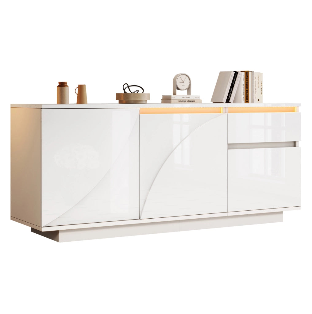 Sideboard bianco 140x40x60 cm con 3 ante; 1 cassetto; LED e ripiani regolabili in MDF