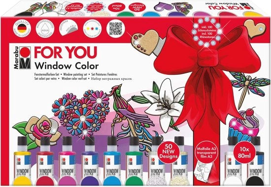 Kit di decorazione per vetro e finestre a base acqua trasparente - insieme creativo di decorazione con 10 colori e 50 stencil.