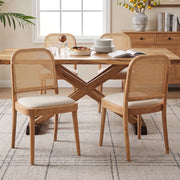 Set di 2 sedie da pranzo in legno massello con schienale in rattan e seduta in lino; color legno