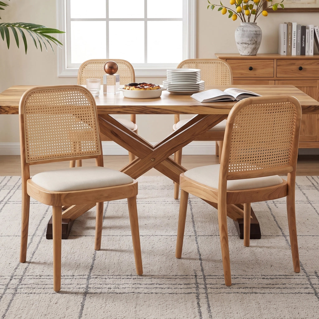 Set di 2 sedie da pranzo in legno massello con schienale in rattan e seduta in lino; color legno