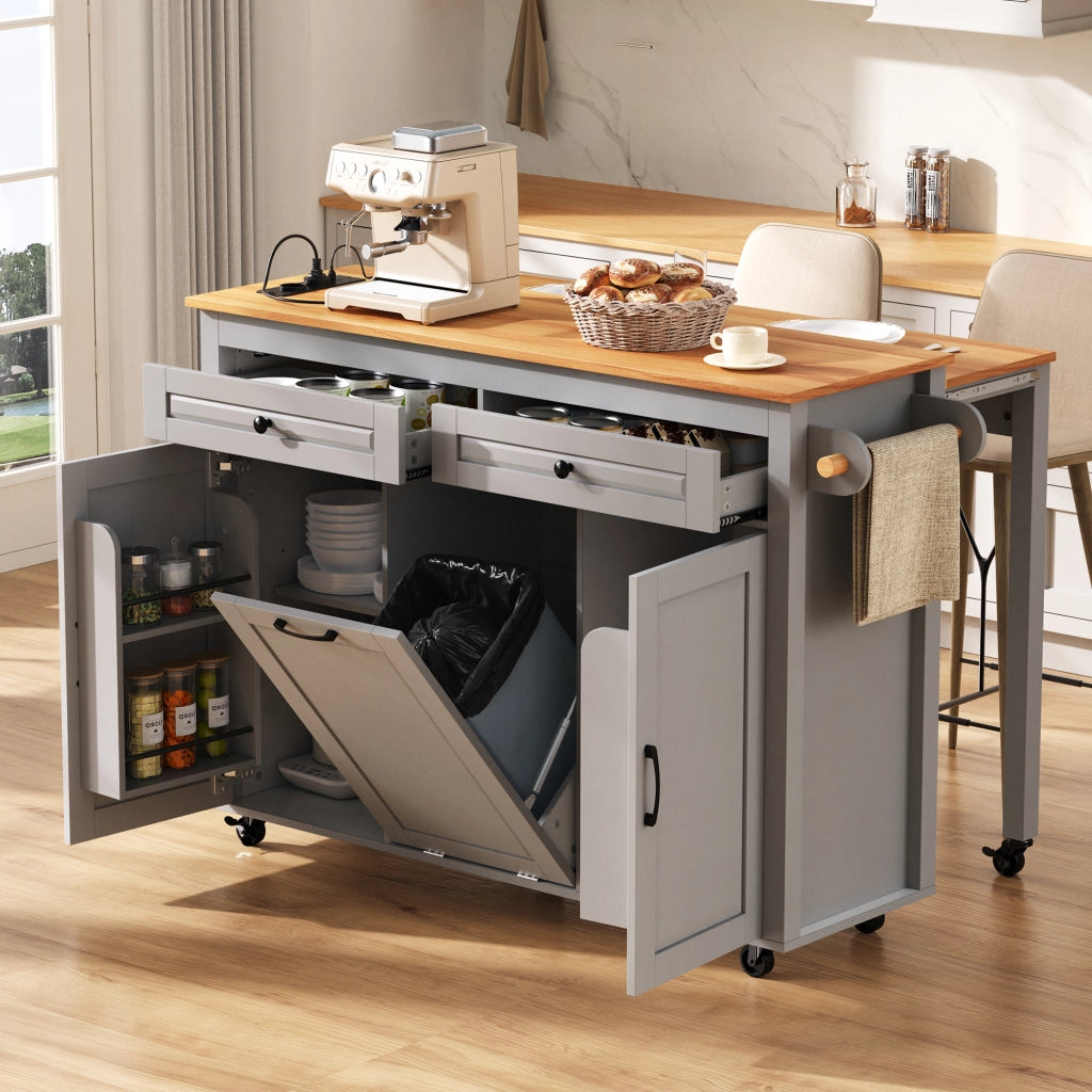 Isola Cucina Mobile con Ruote e Piano Estensibile 120×40-75 cm; Vano Porta Rifiuti; Prese AC/USB-C e Spazio Contenitore Grigio