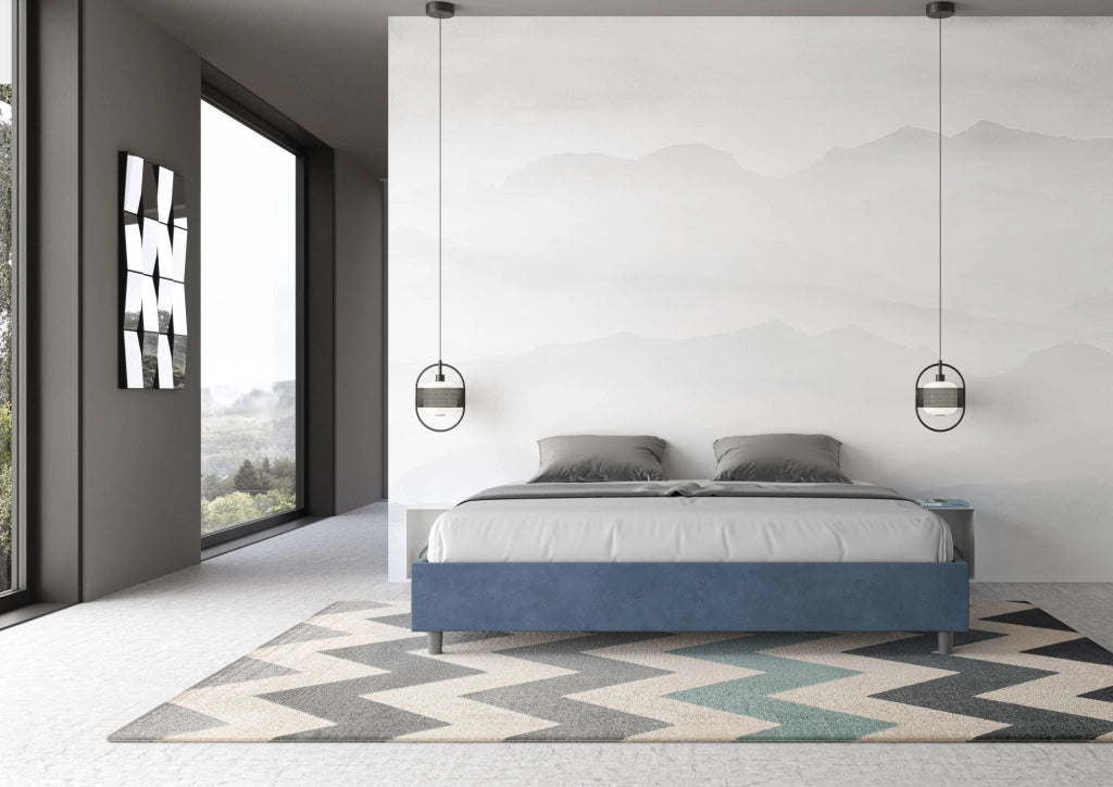 BS COM Letto matrimoniale king size con rete imbottito 200x210 microfibra blu