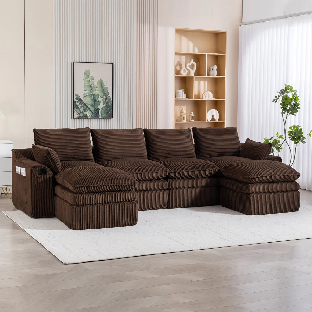 Divano Modulare 4 Posti con 2 Pouf ¨C MINIMAL ¨C Tessuto a Coste, Cuscini, Marrone